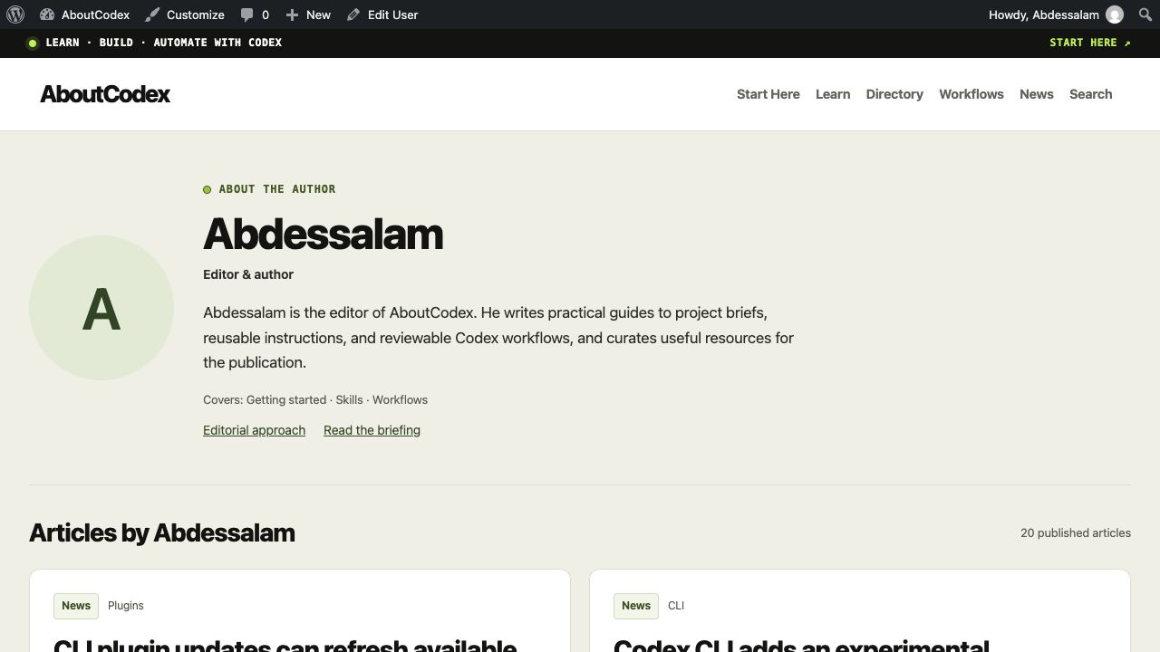 AboutCodex author page with a readable biography and article grid